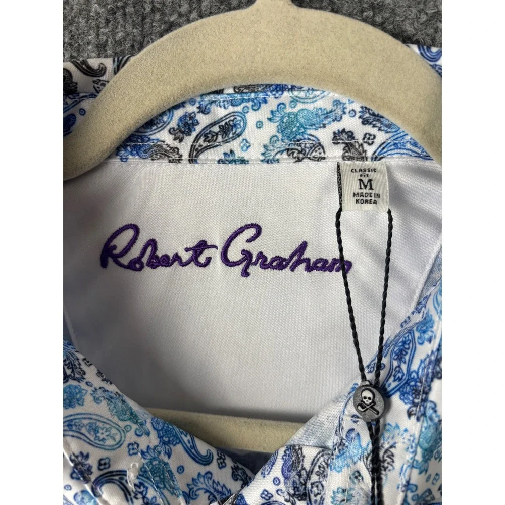 NWT Robert Graham Polo Shirt Mens Medium White Blue Paisley Shark Bait Golf - Picture 3 of 8